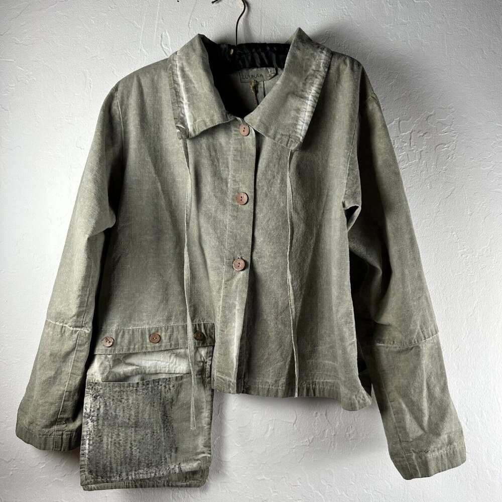 New Luukaa Gloria Jacket Long Sleeve Button Down Olive Green Size 2 Long Pocket